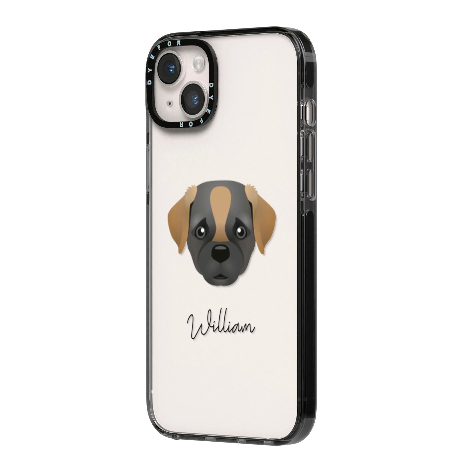 Pugapoo Personalised iPhone 14 Plus Black Impact Case Side Angle on Silver phone