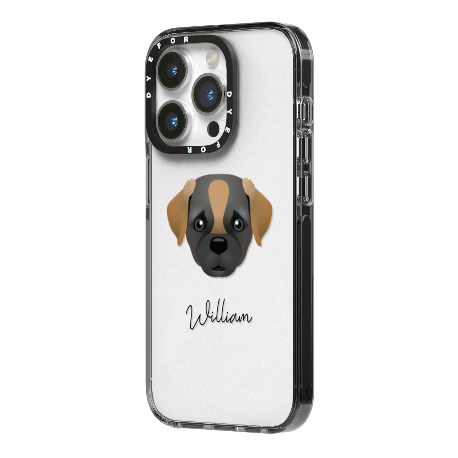 Pugapoo Personalised iPhone 14 Pro Black Impact Case Side Angle on Silver phone