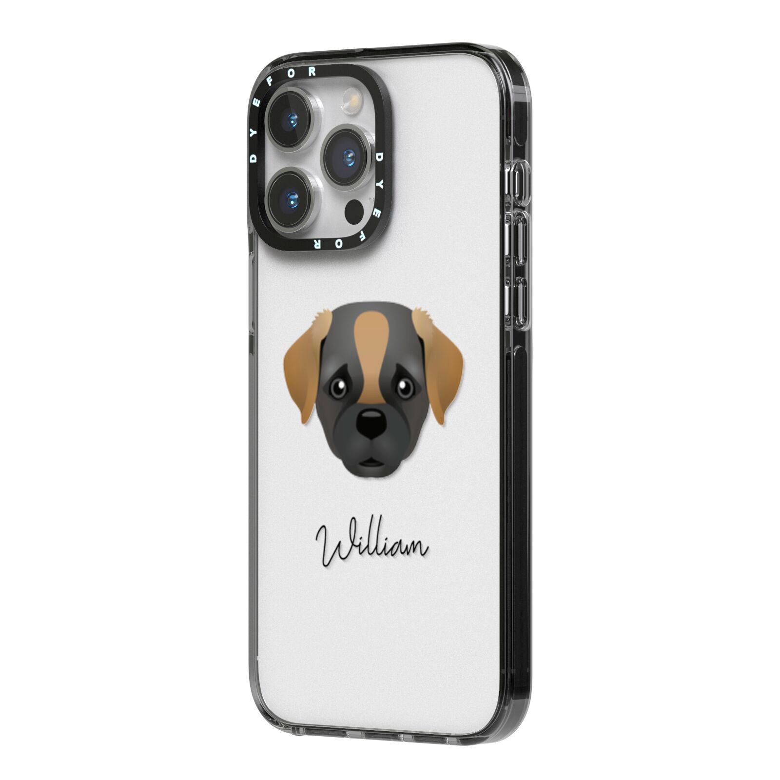 Pugapoo Personalised iPhone 14 Pro Max Black Impact Case Side Angle on Silver phone