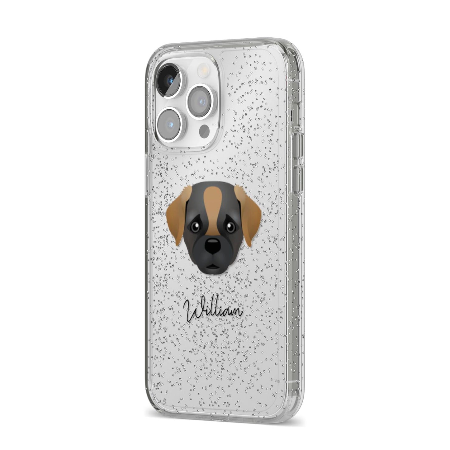 Pugapoo Personalised iPhone 14 Pro Max Glitter Tough Case Silver Angled Image