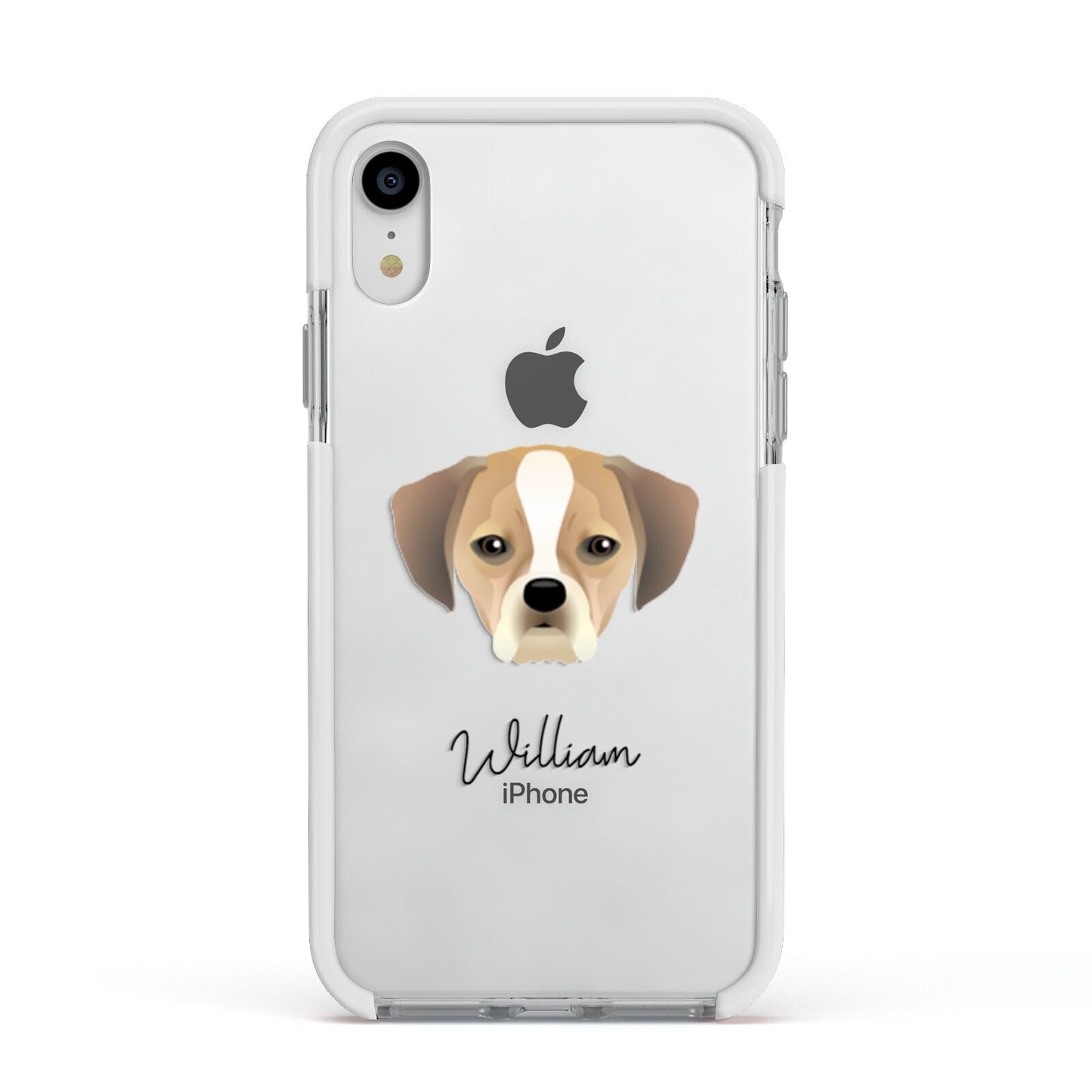 Puggle Personalised Apple iPhone XR Impact Case White Edge on Silver Phone