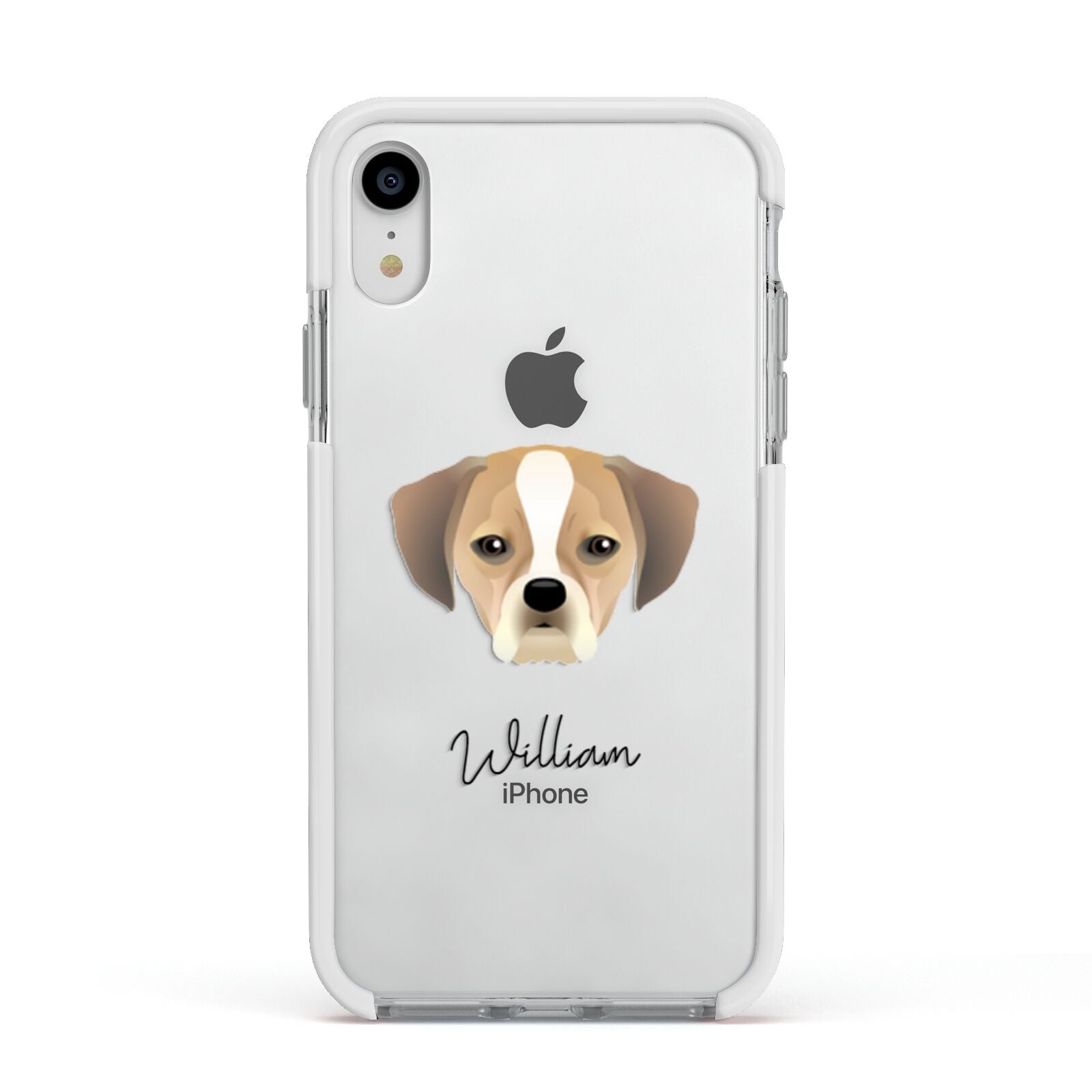 Puggle Personalised Apple iPhone XR Impact Case White Edge on Silver Phone
