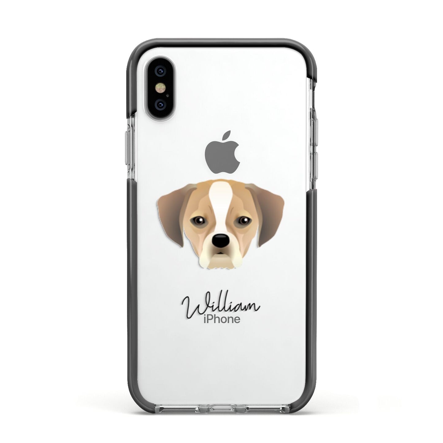 Puggle Personalised Apple iPhone Xs Impact Case Black Edge on Silver Phone