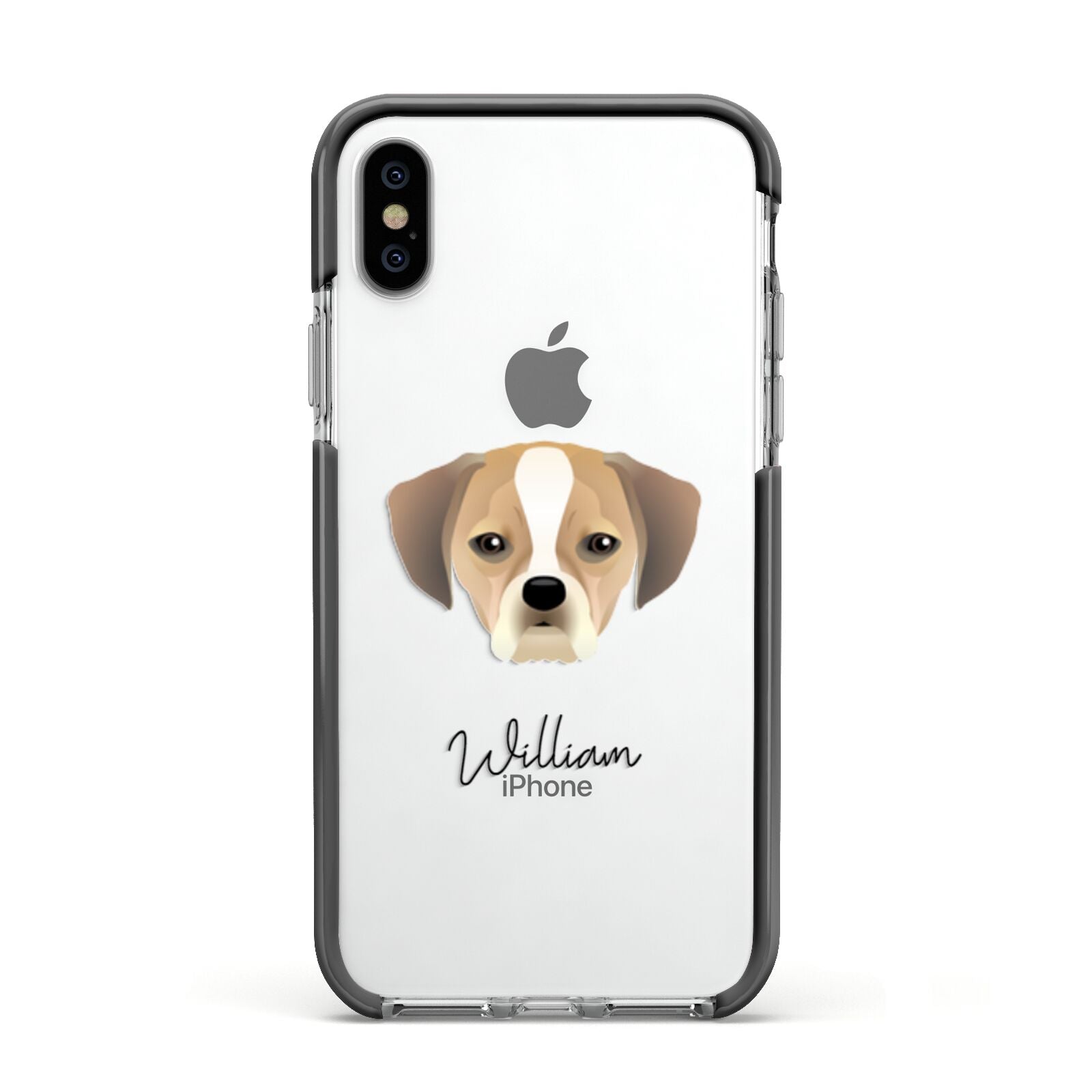 Puggle Personalised Apple iPhone Xs Impact Case Black Edge on Silver Phone
