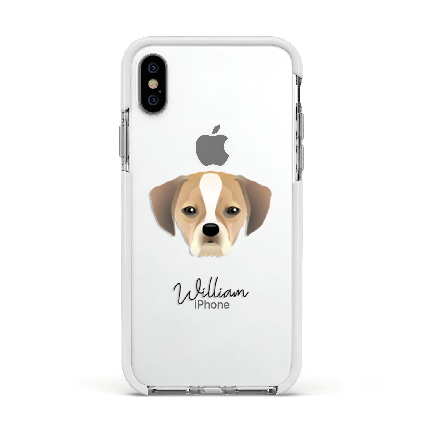 Puggle Personalised Apple iPhone Xs Impact Case White Edge on Silver Phone