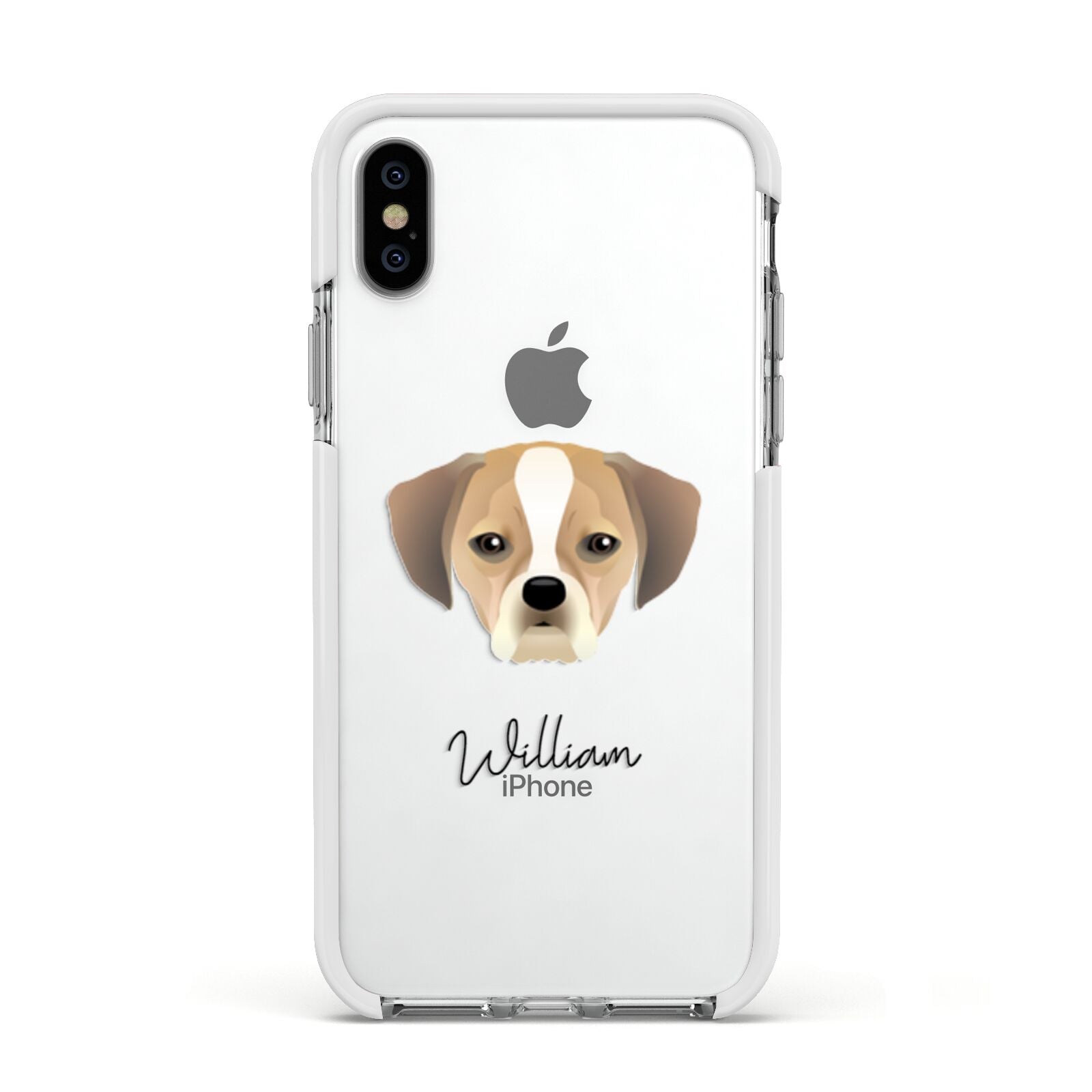 Puggle Personalised Apple iPhone Xs Impact Case White Edge on Silver Phone