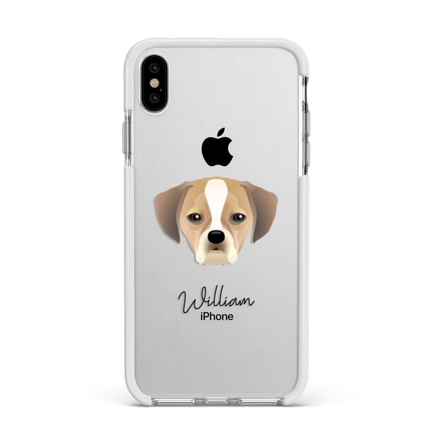 Puggle Personalised Apple iPhone Xs Max Impact Case White Edge on Silver Phone