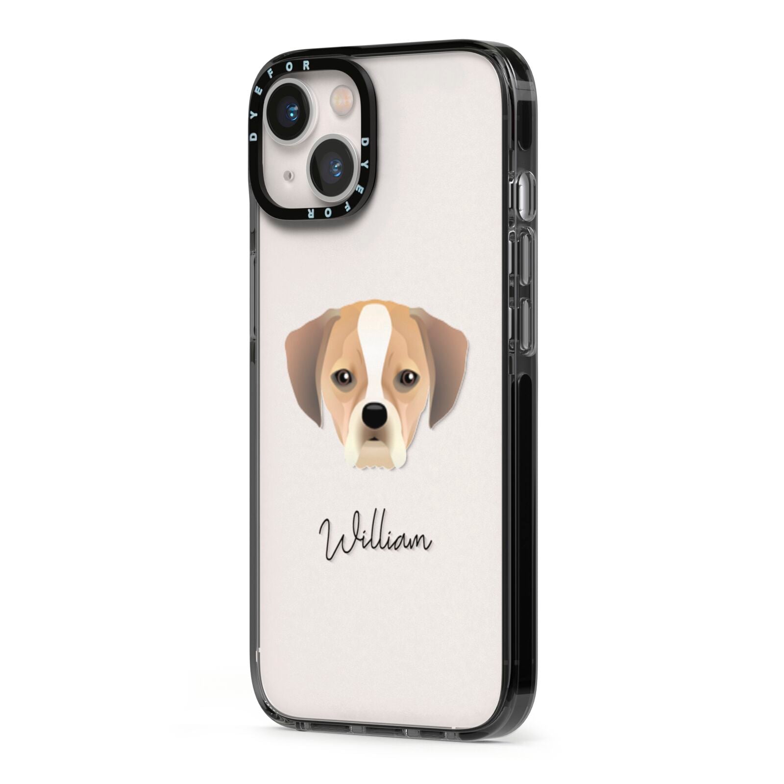 Puggle Personalised iPhone 13 Black Impact Case Side Angle on Silver phone