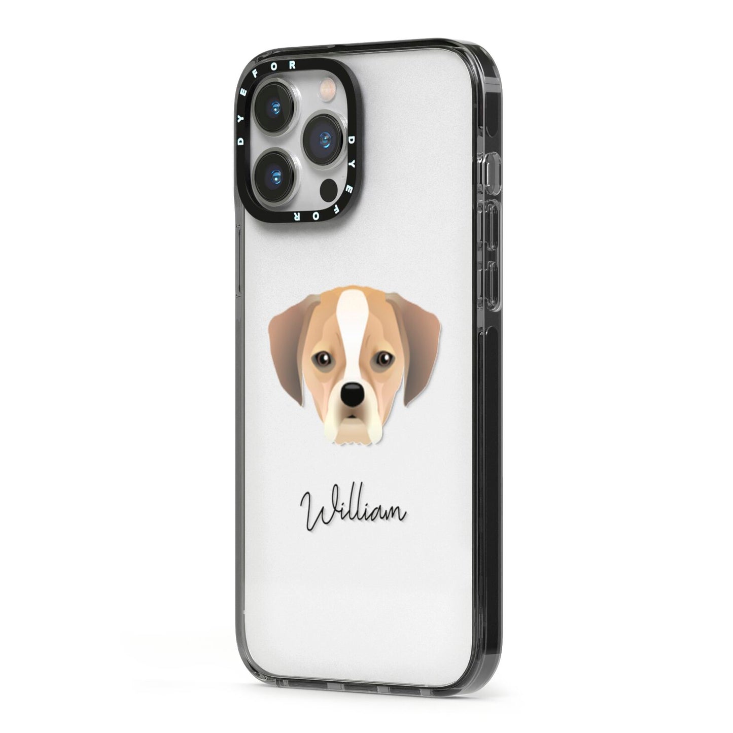 Puggle Personalised iPhone 13 Pro Max Black Impact Case Side Angle on Silver phone