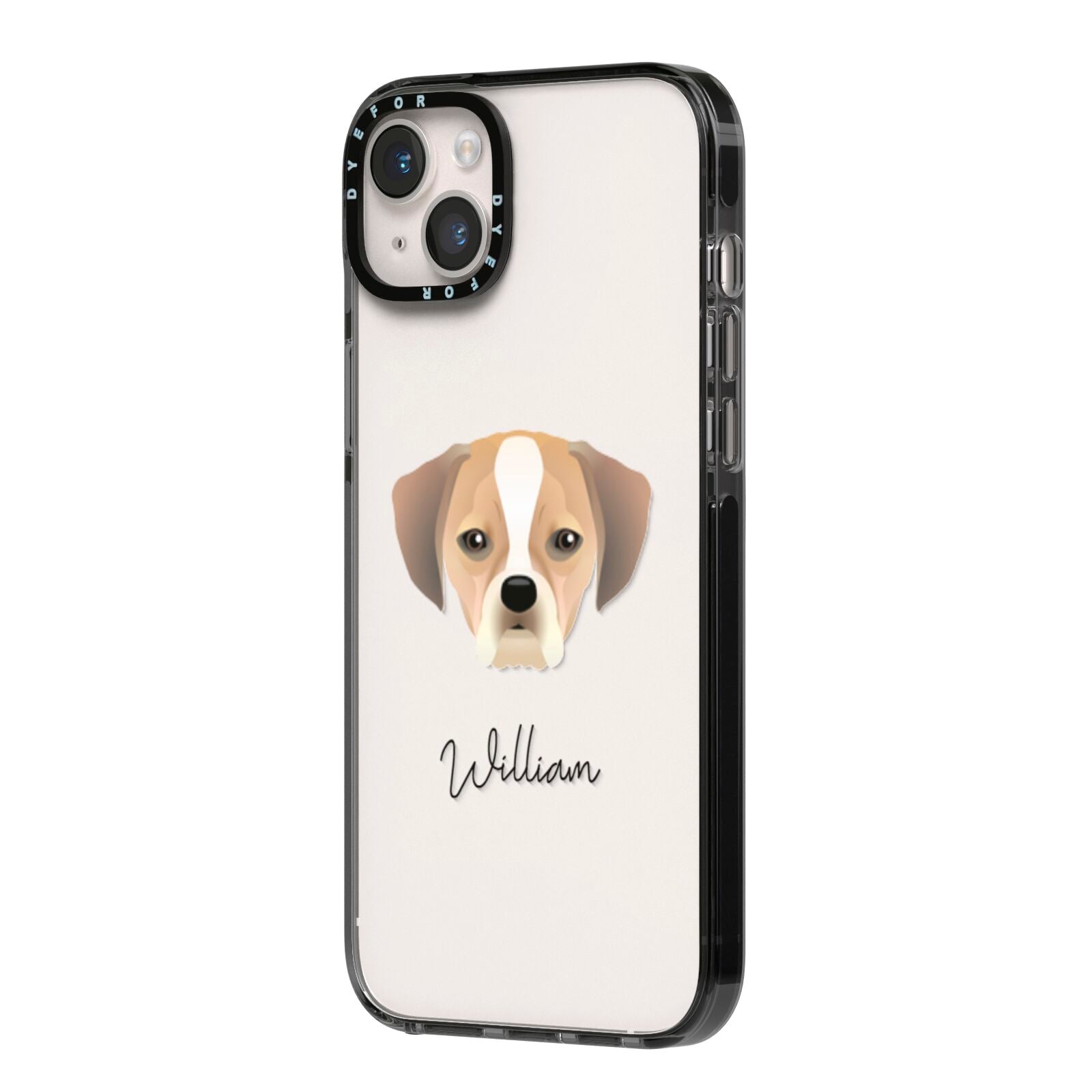 Puggle Personalised iPhone 14 Plus Black Impact Case Side Angle on Silver phone