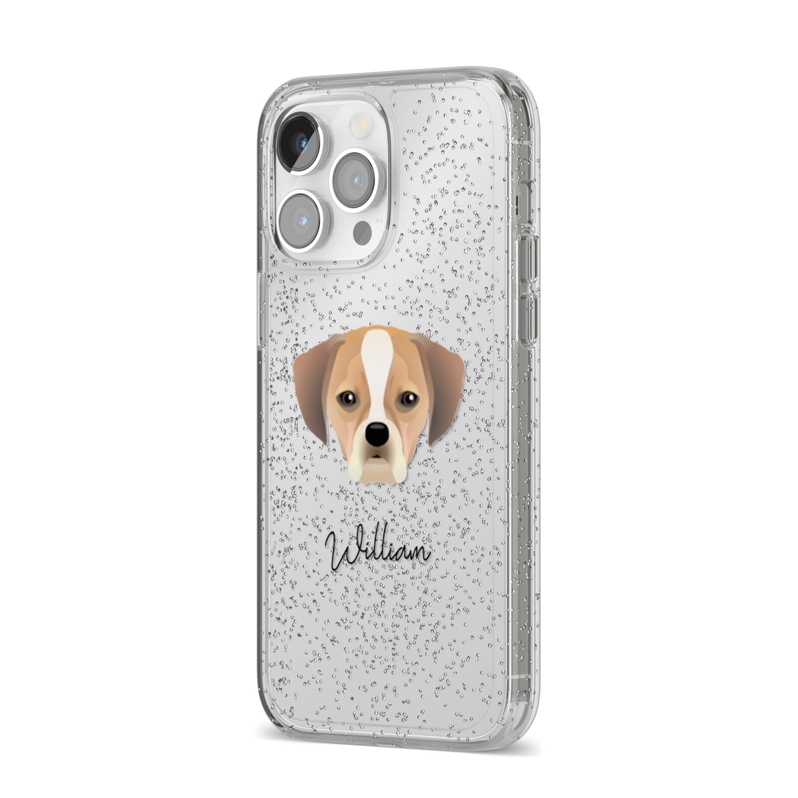 Puggle Personalised iPhone 14 Pro Max Glitter Tough Case Silver Angled Image