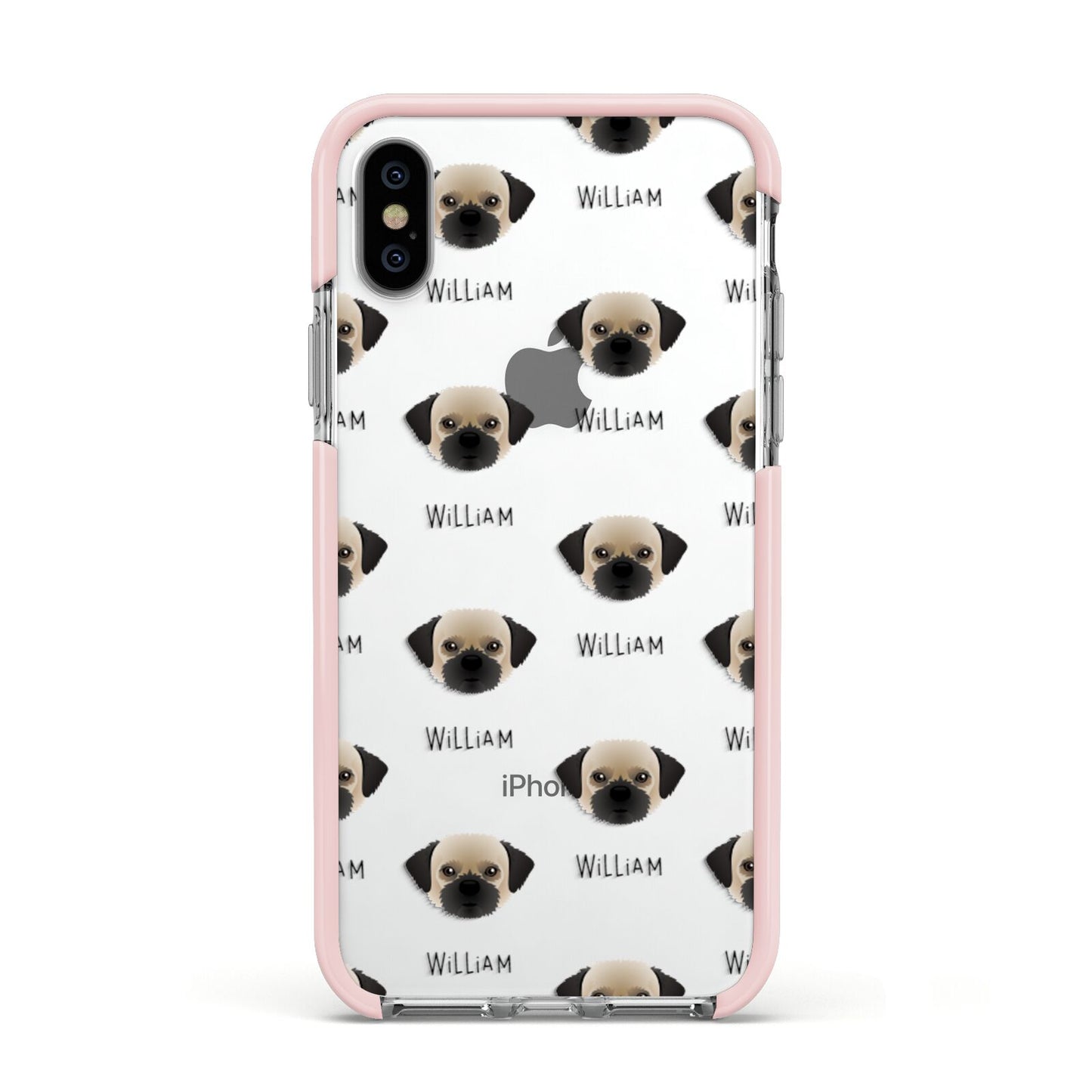 Pugzu Icon with Name Apple iPhone Xs Impact Case Pink Edge on Silver Phone