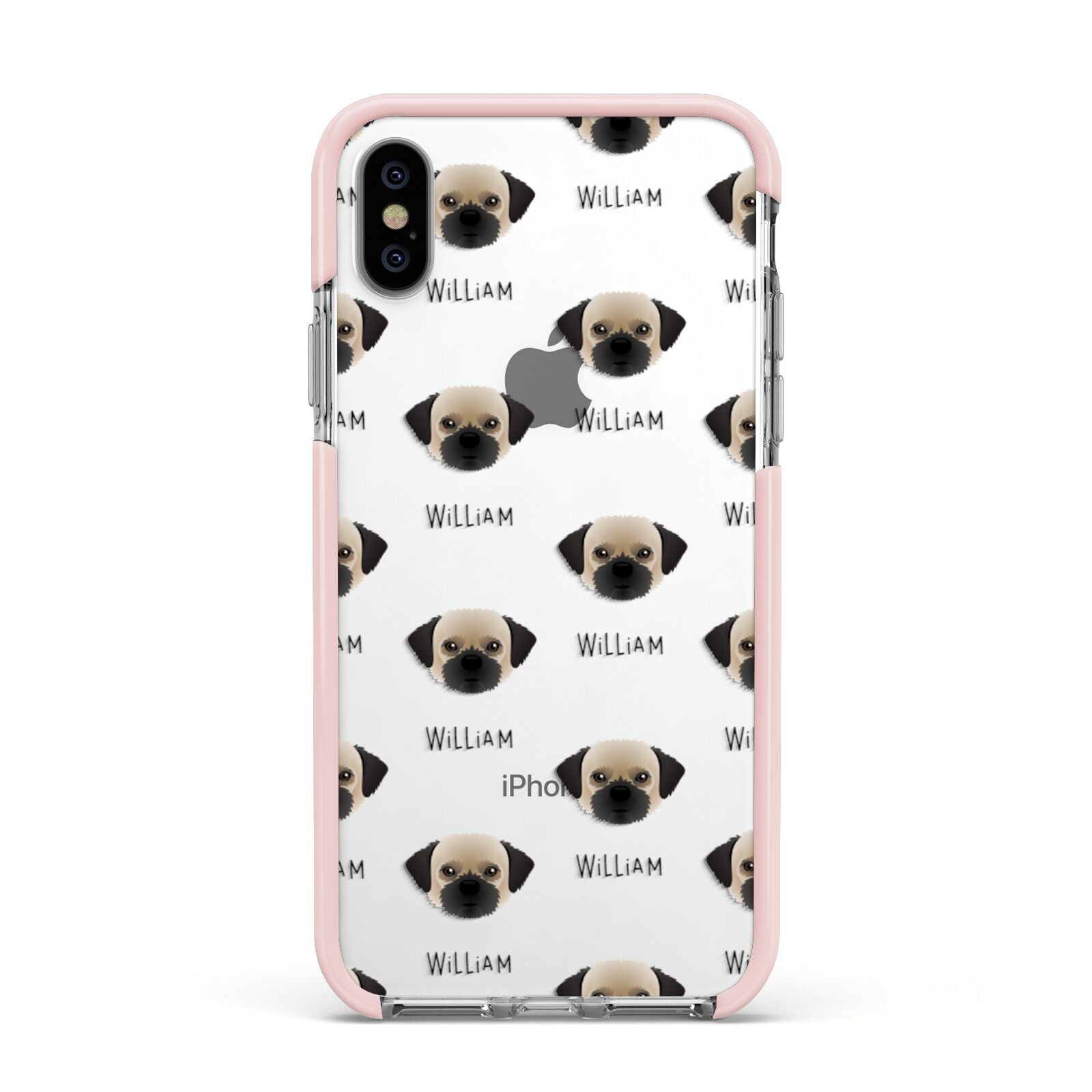 Pugzu Icon with Name Apple iPhone Xs Impact Case Pink Edge on Silver Phone
