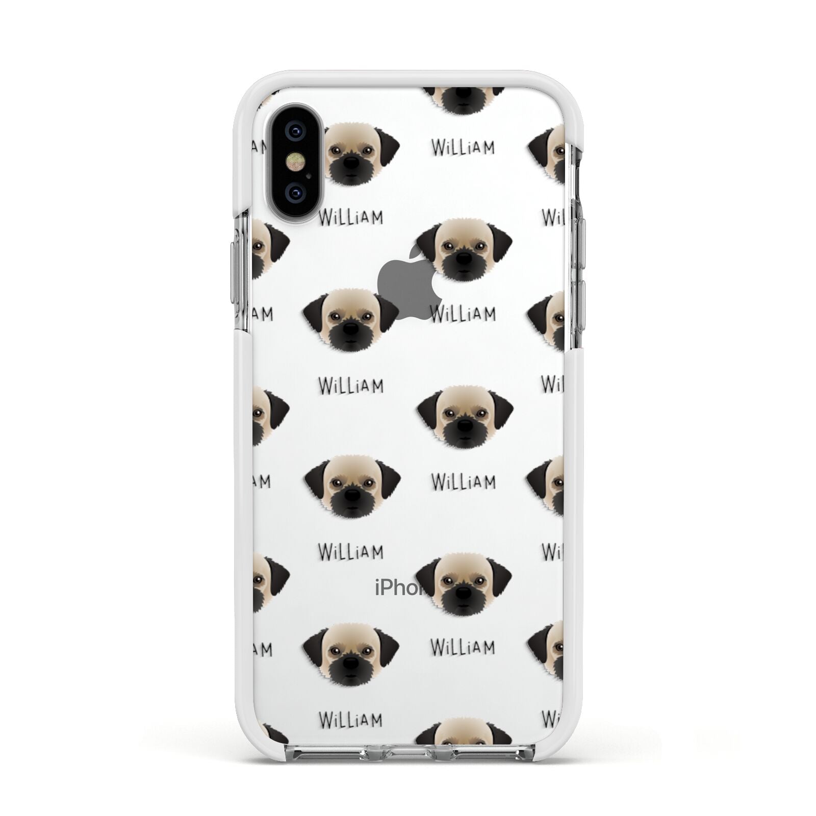 Pugzu Icon with Name Apple iPhone Xs Impact Case White Edge on Silver Phone