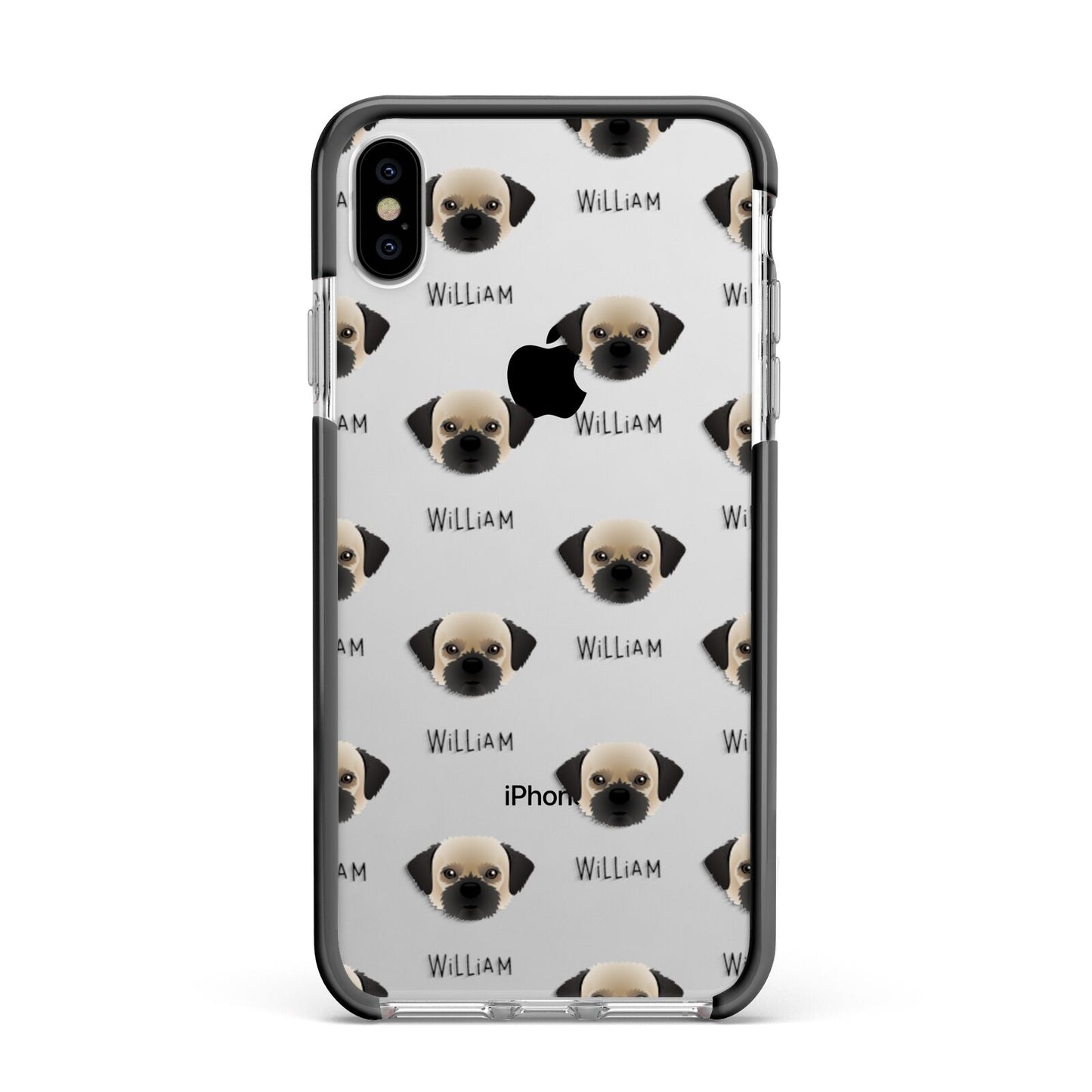 Pugzu Icon with Name Apple iPhone Xs Max Impact Case Black Edge on Silver Phone
