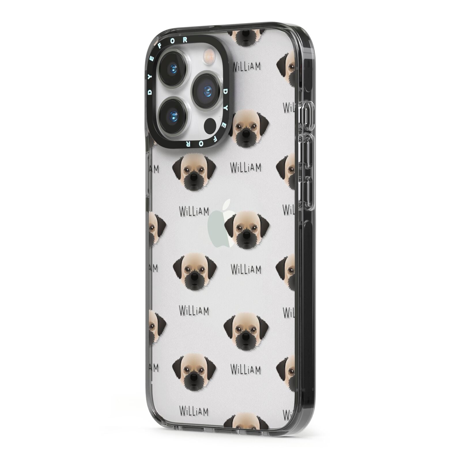 Pugzu Icon with Name iPhone 13 Pro Black Impact Case Side Angle on Silver phone