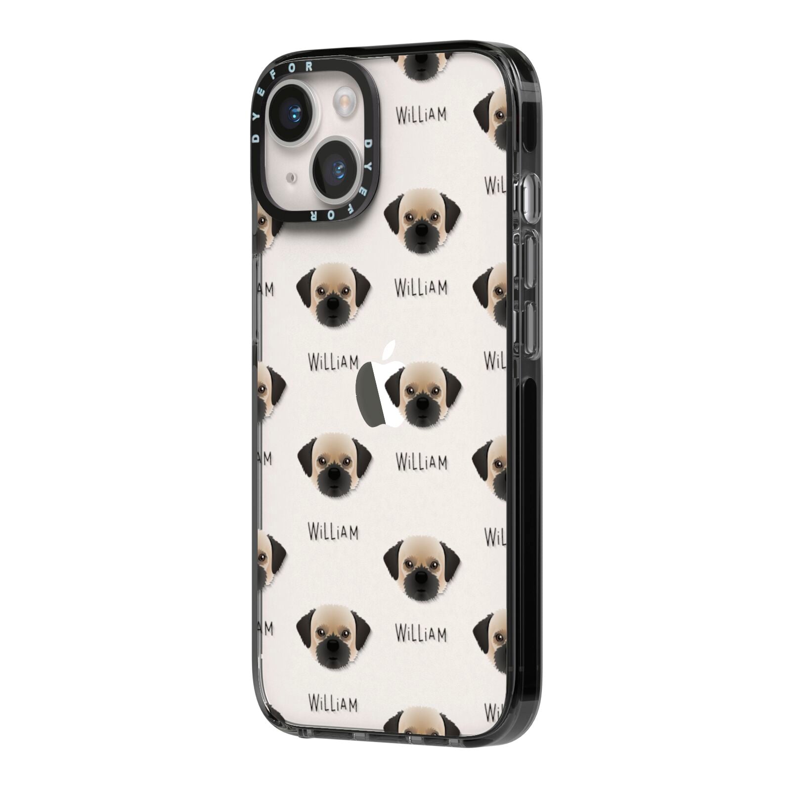 Pugzu Icon with Name iPhone 14 Black Impact Case Side Angle on Silver phone