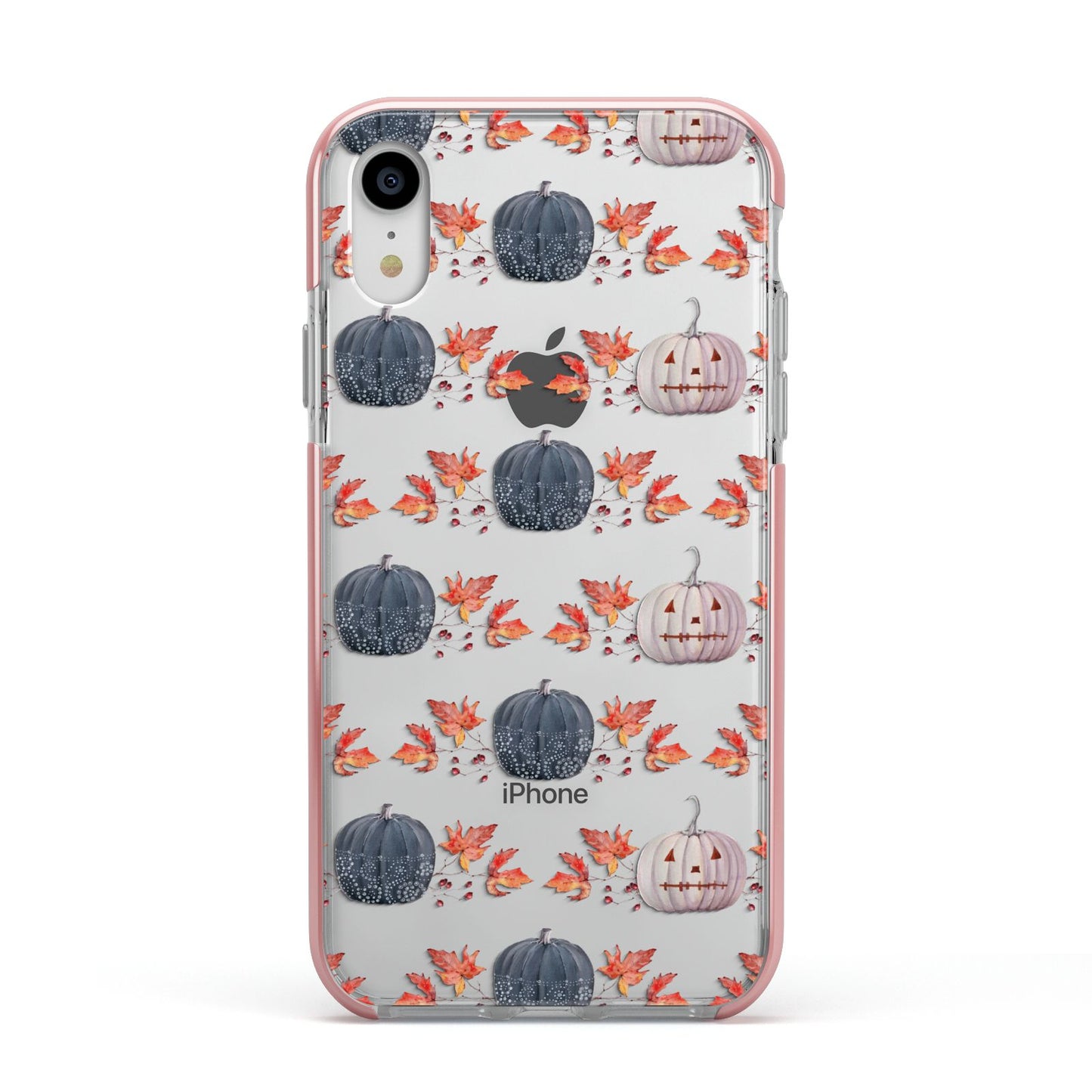 Pumpkin Autumn Leaves Apple iPhone XR Impact Case Pink Edge on Silver Phone