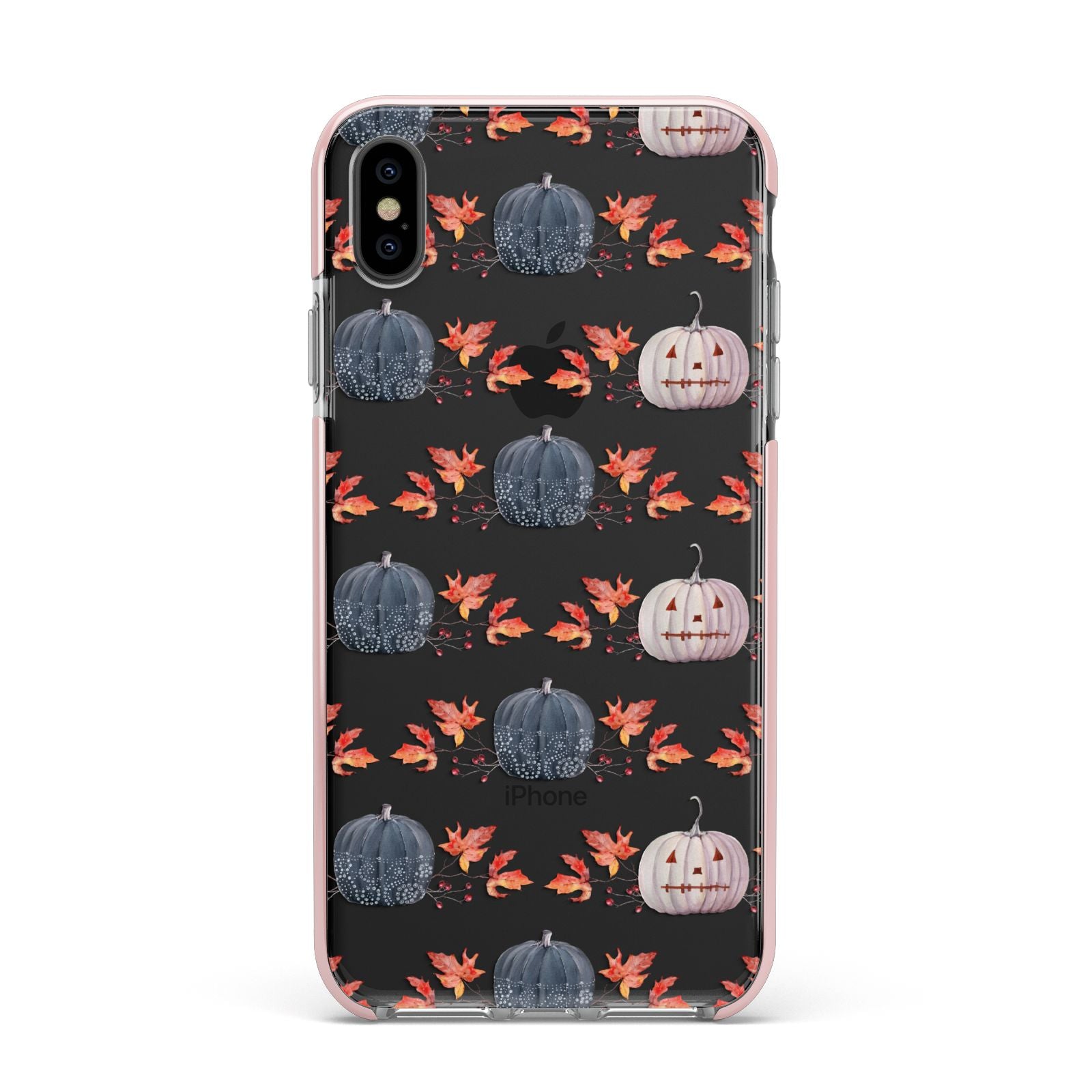 Pumpkin Autumn Leaves Apple iPhone Xs Max Impact Case Pink Edge on Black Phone