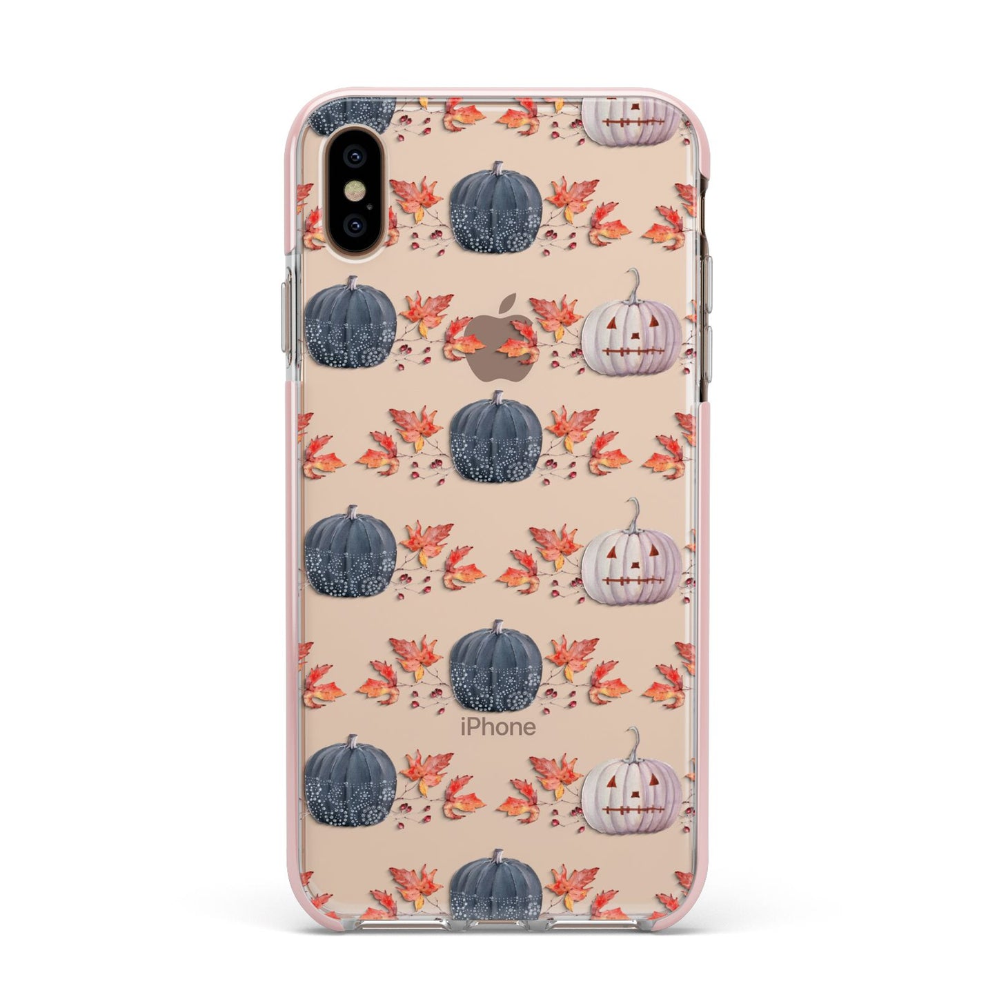 Pumpkin Autumn Leaves Apple iPhone Xs Max Impact Case Pink Edge on Gold Phone