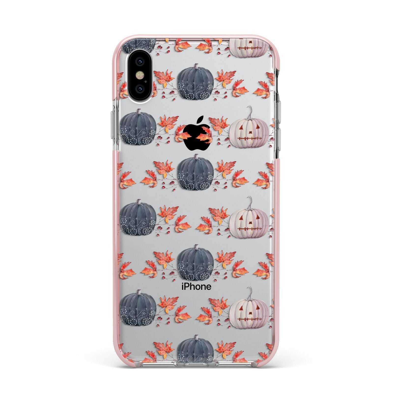 Pumpkin Autumn Leaves Apple iPhone Xs Max Impact Case Pink Edge on Silver Phone