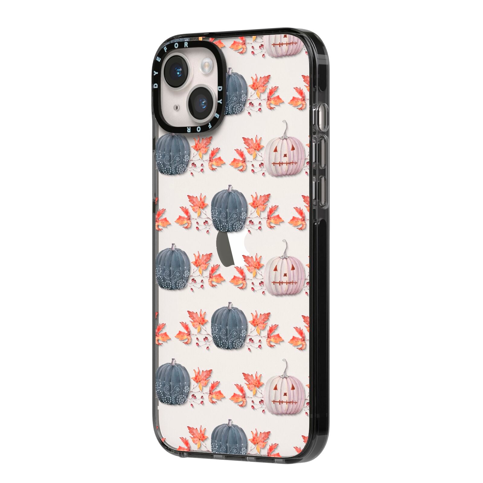 Pumpkin Autumn Leaves iPhone 14 Plus Black Impact Case Side Angle on Silver phone