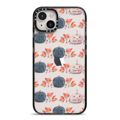 Pumpkin Autumn Leaves iPhone 14 Plus Black Impact Case on Silver phone