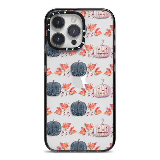 Pumpkin Autumn Leaves iPhone 14 Pro Max Black Impact Case on Silver phone