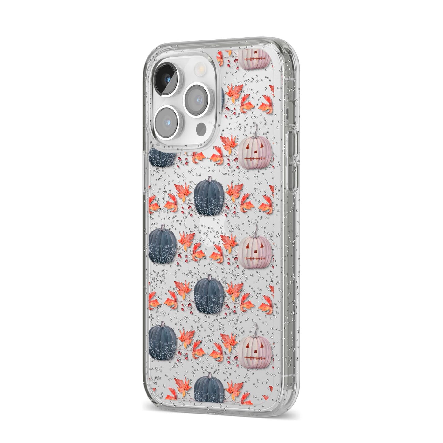 Pumpkin Autumn Leaves iPhone 14 Pro Max Glitter Tough Case Silver Angled Image