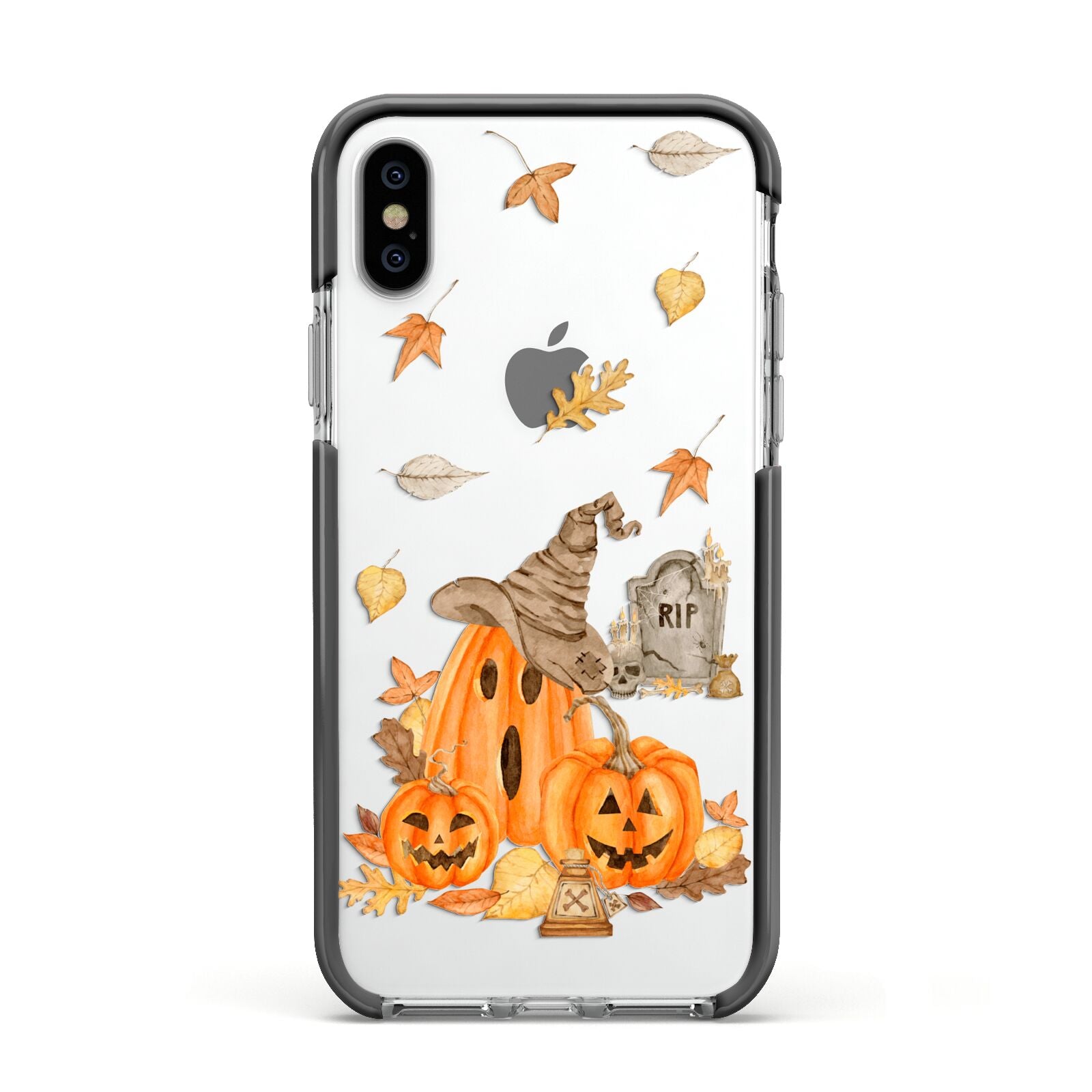 Pumpkin Graveyard Apple iPhone Xs Impact Case Black Edge on Silver Phone