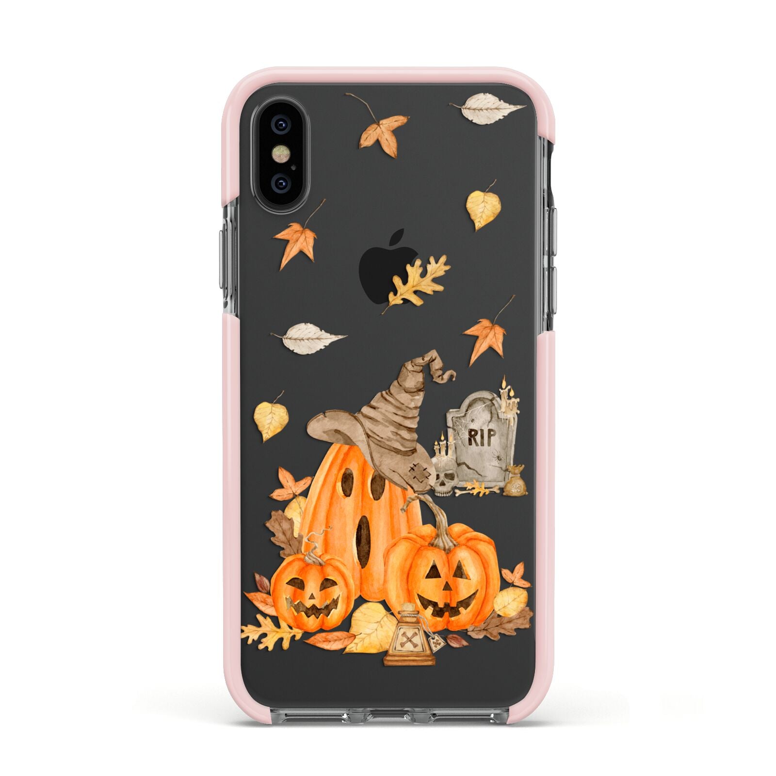 Pumpkin Graveyard Apple iPhone Xs Impact Case Pink Edge on Black Phone