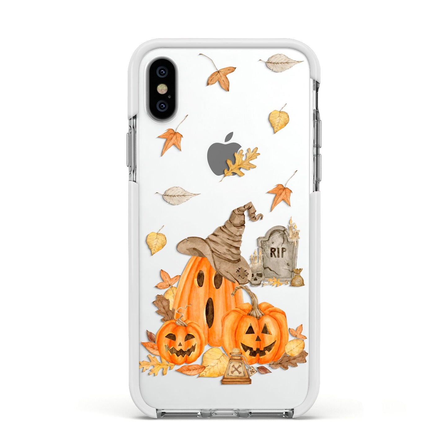 Pumpkin Graveyard Apple iPhone Xs Impact Case White Edge on Silver Phone