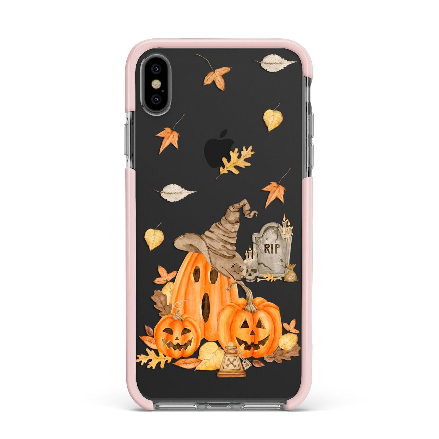 Pumpkin Graveyard Apple iPhone Xs Max Impact Case Pink Edge on Black Phone