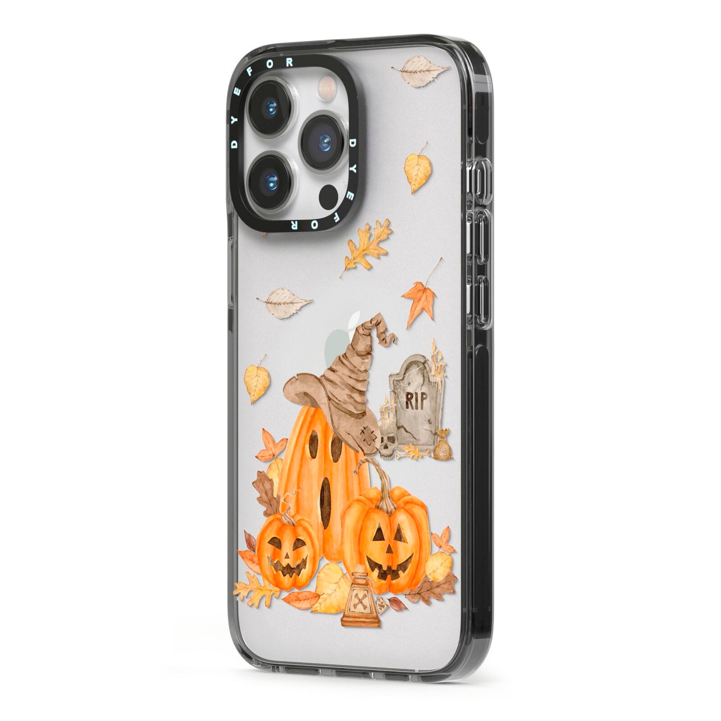Pumpkin Graveyard iPhone 13 Pro Black Impact Case Side Angle on Silver phone