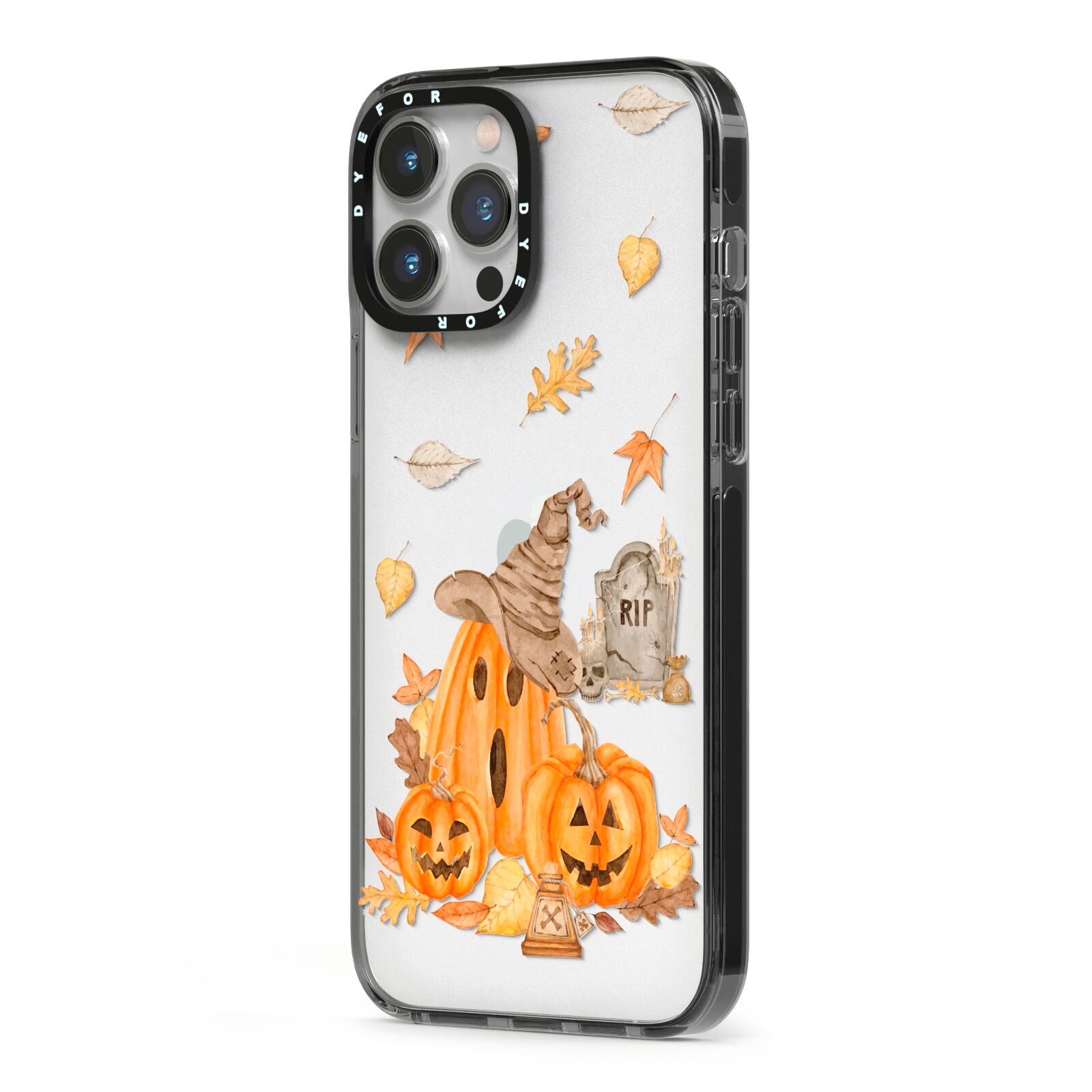 Pumpkin Graveyard iPhone 13 Pro Max Black Impact Case Side Angle on Silver phone