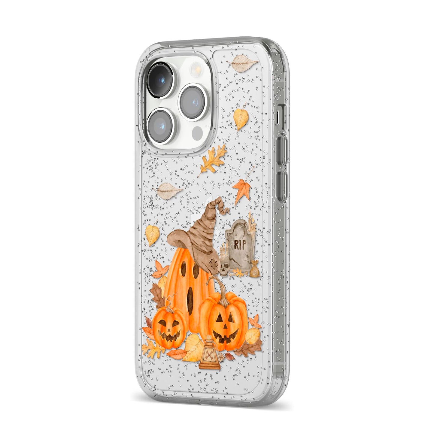 Pumpkin Graveyard iPhone 14 Pro Glitter Tough Case Silver Angled Image