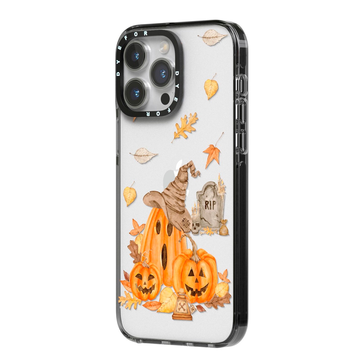 Pumpkin Graveyard iPhone 14 Pro Max Black Impact Case Side Angle on Silver phone