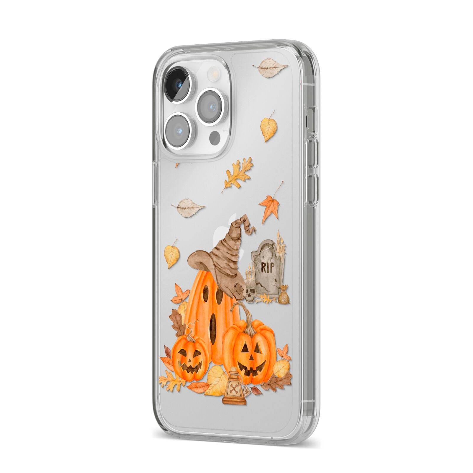 Pumpkin Graveyard iPhone 14 Pro Max Clear Tough Case Silver Angled Image