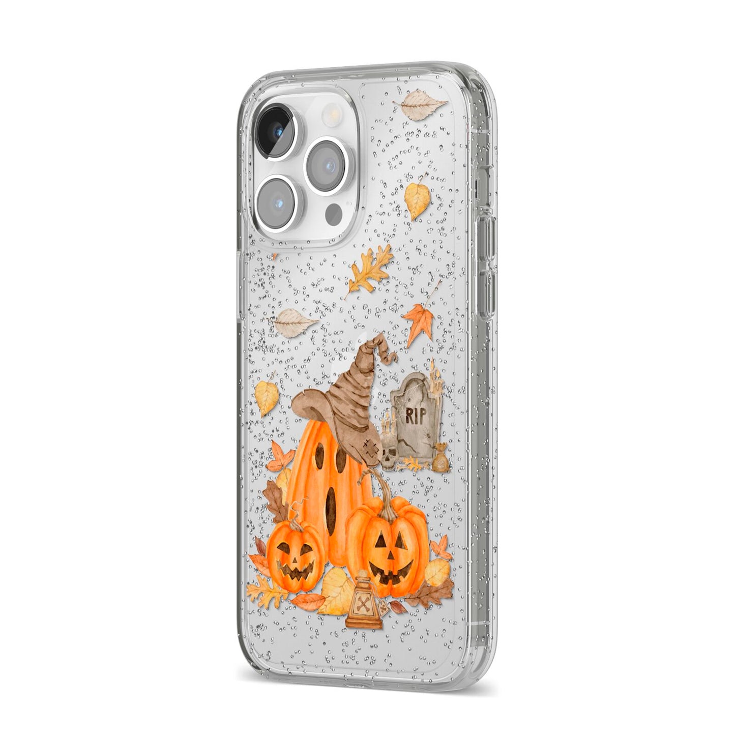 Pumpkin Graveyard iPhone 14 Pro Max Glitter Tough Case Silver Angled Image
