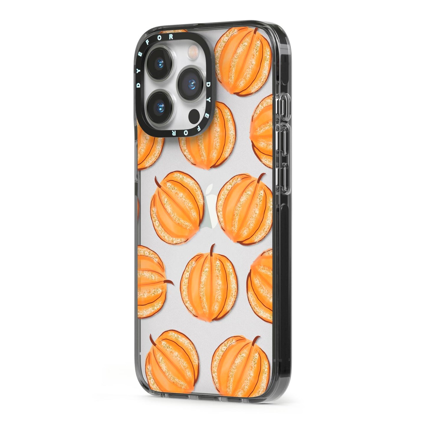 Pumpkin Halloween iPhone 13 Pro Black Impact Case Side Angle on Silver phone