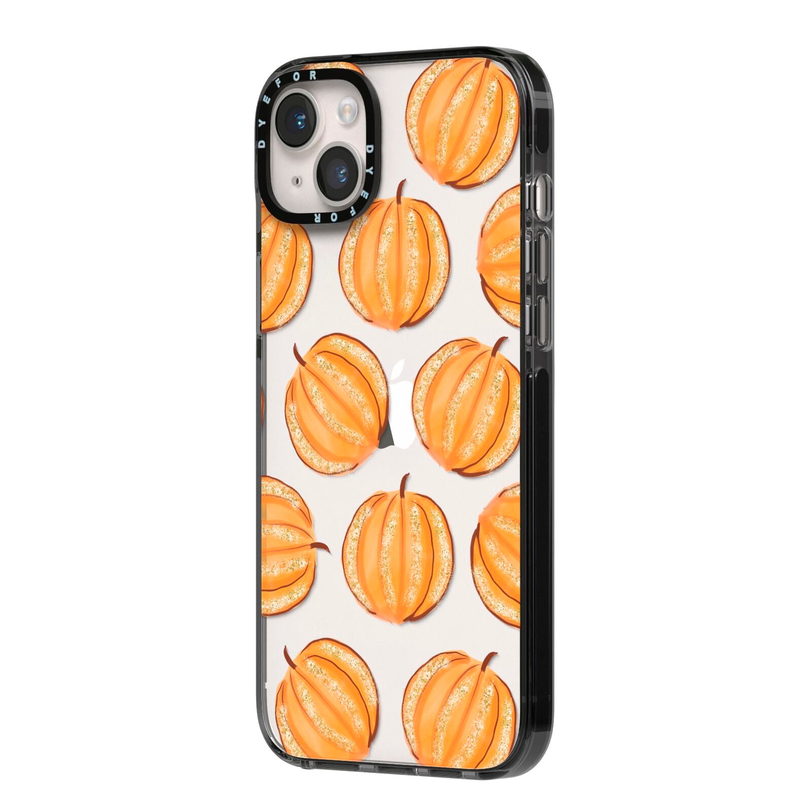 Pumpkin Halloween iPhone 14 Plus Black Impact Case Side Angle on Silver phone