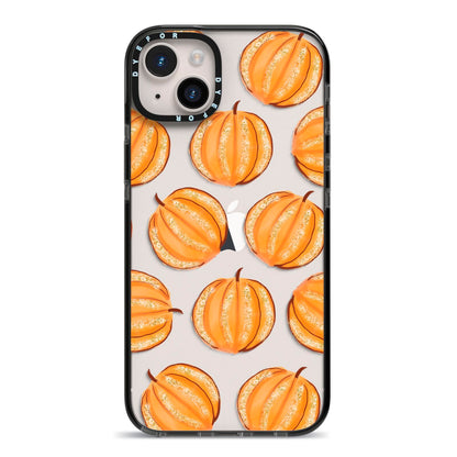 Pumpkin Halloween iPhone 14 Plus Black Impact Case on Silver phone