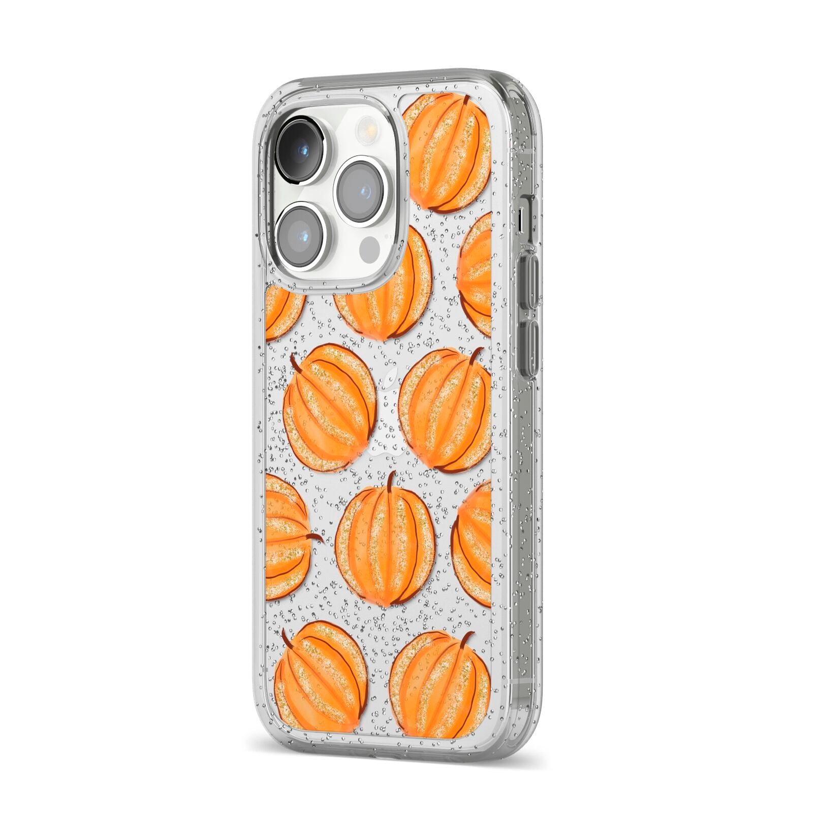 Pumpkin Halloween iPhone 14 Pro Glitter Tough Case Silver Angled Image
