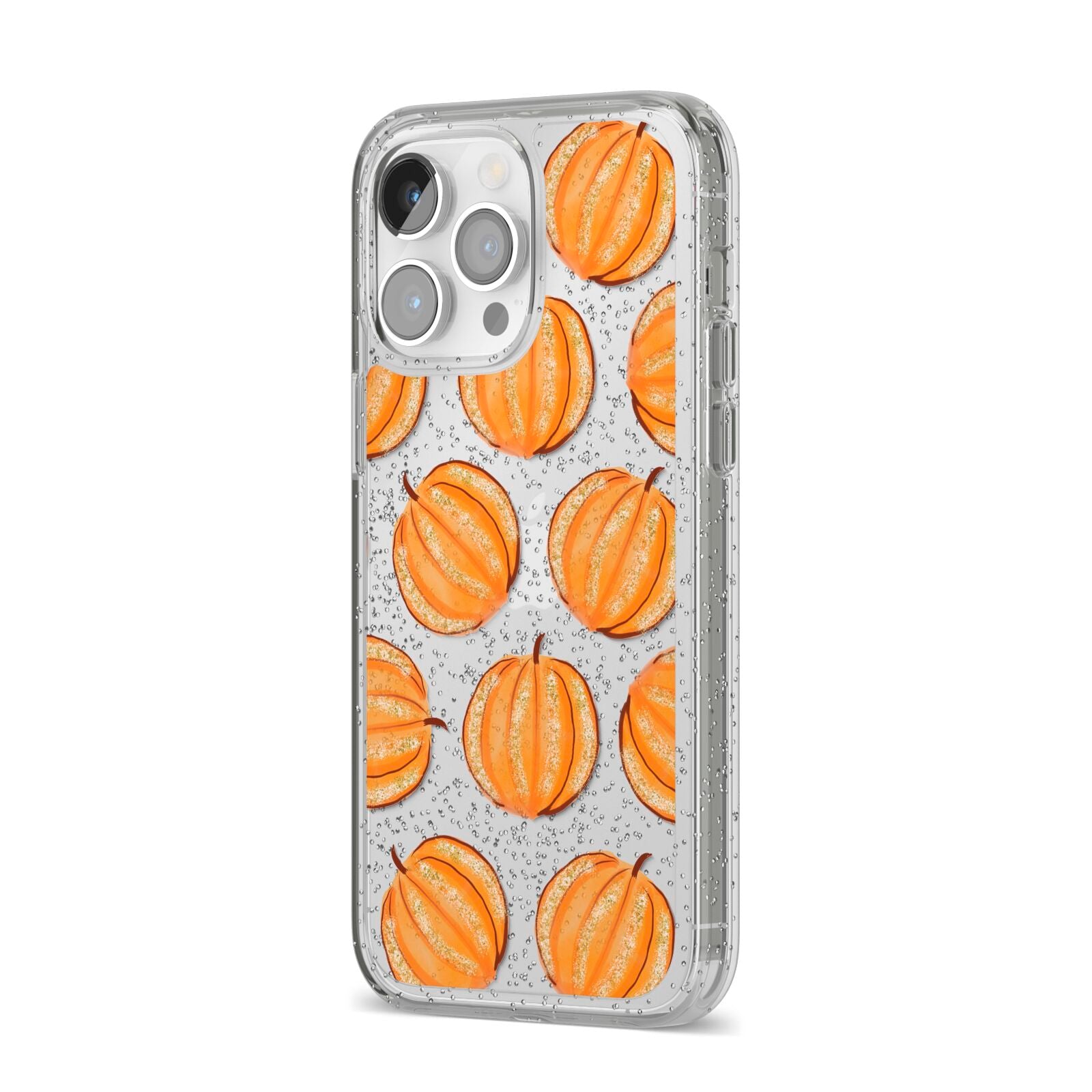 Pumpkin Halloween iPhone 14 Pro Max Glitter Tough Case Silver Angled Image