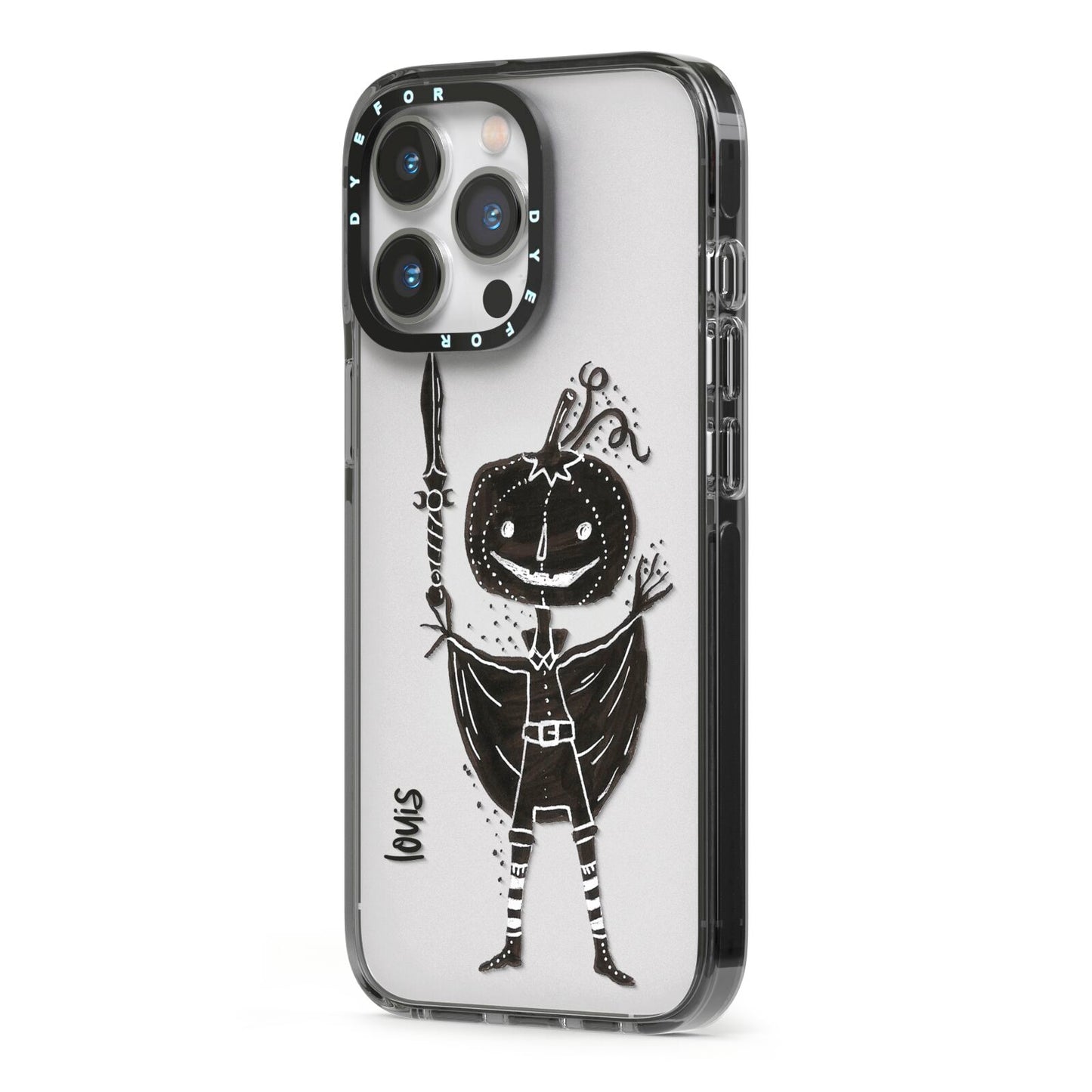 Pumpkin Head Personalised iPhone 13 Pro Black Impact Case Side Angle on Silver phone