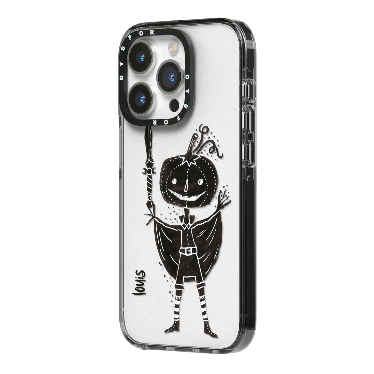 Pumpkin Head Personalised iPhone 14 Pro Black Impact Case Side Angle on Silver phone
