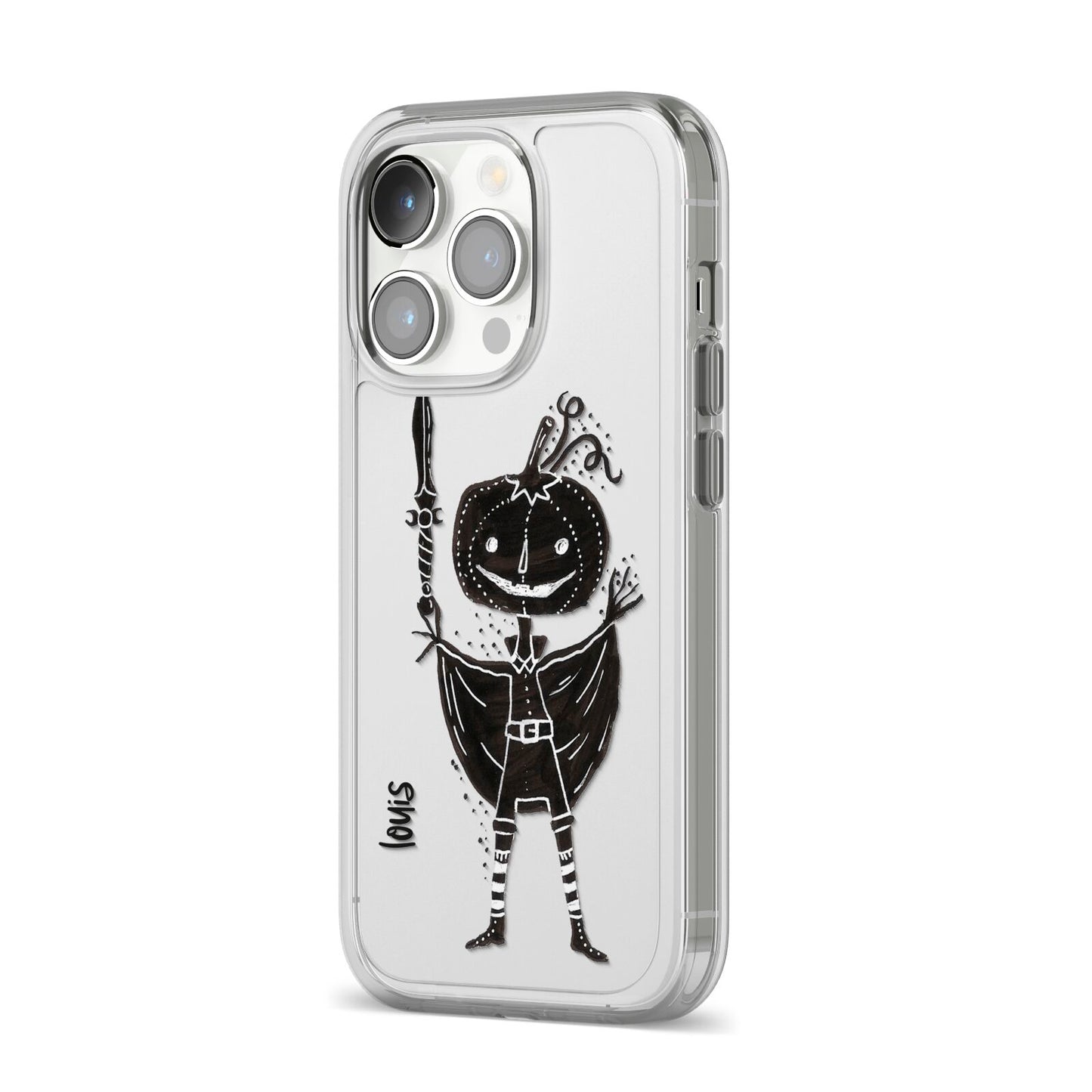 Pumpkin Head Personalised iPhone 14 Pro Clear Tough Case Silver Angled Image