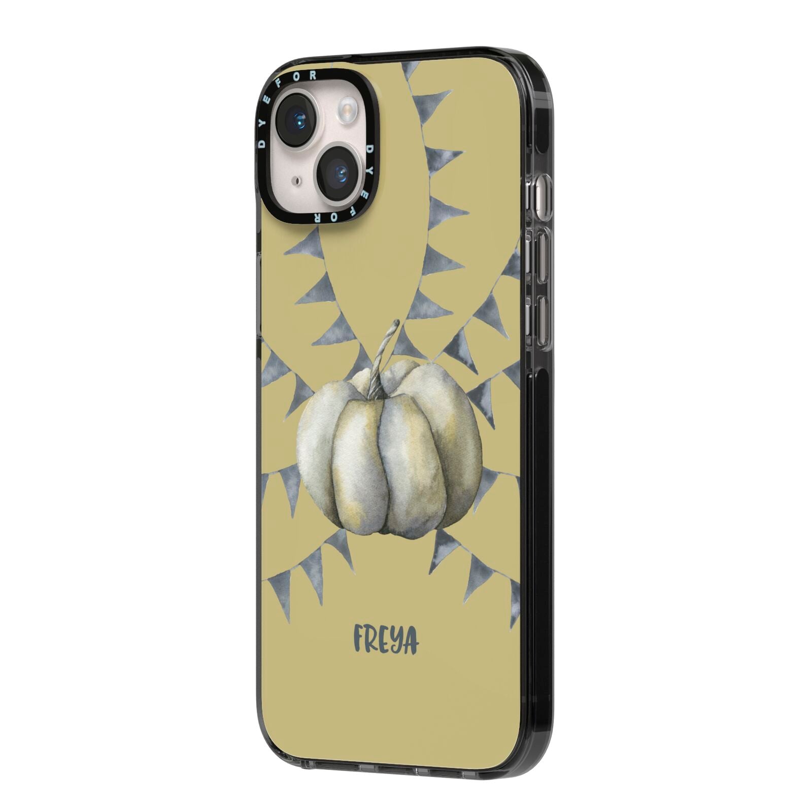 Pumpkin Part Halloween iPhone 14 Plus Black Impact Case Side Angle on Silver phone