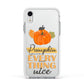 Pumpkin Spice with Caption Apple iPhone XR Impact Case White Edge on Silver Phone