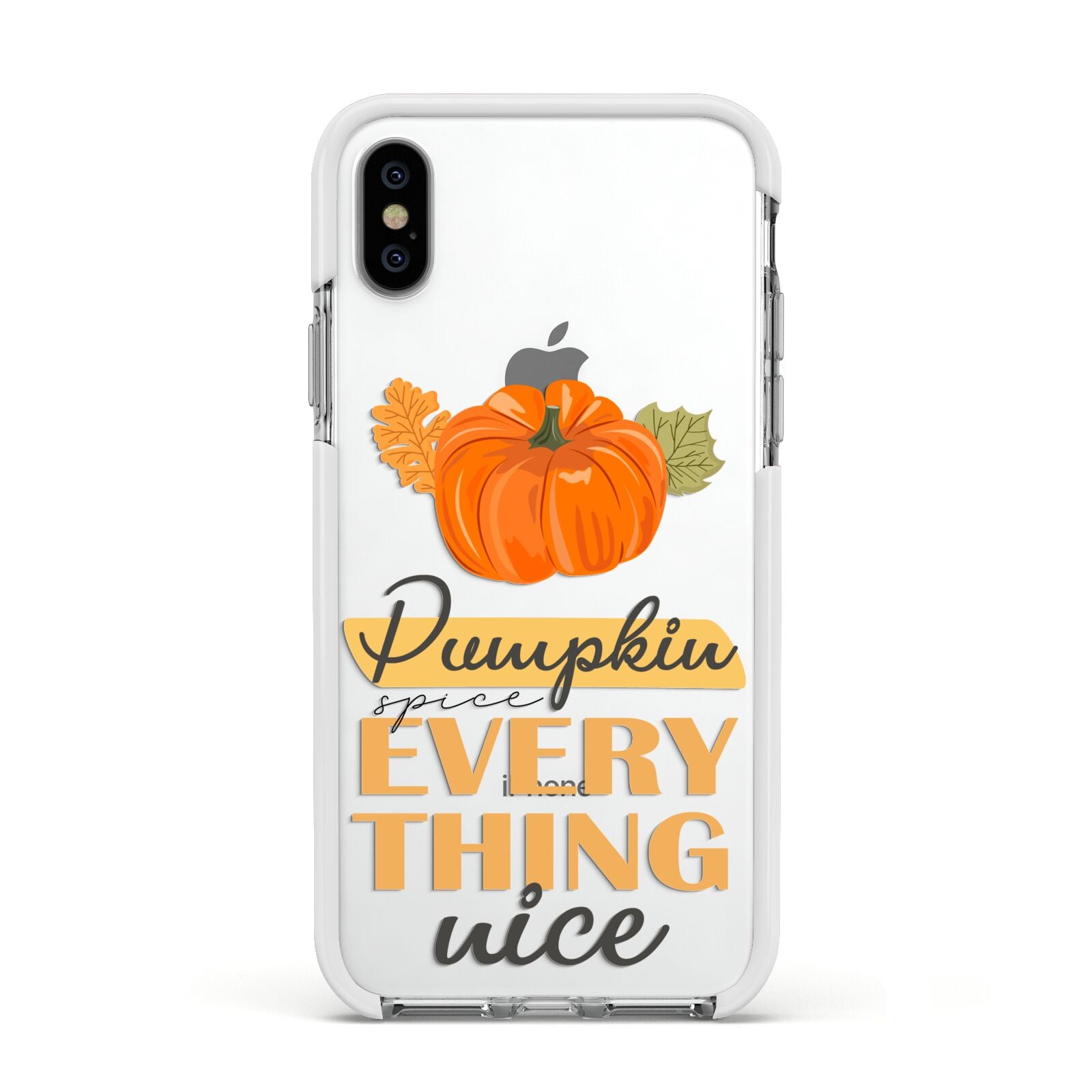 Pumpkin Spice with Caption Apple iPhone Xs Impact Case White Edge on Silver Phone